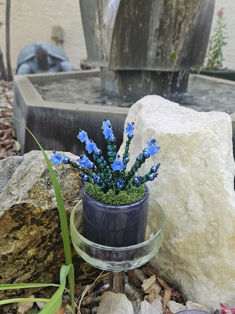 Handmade  Blue Bead Floral Accent in Dark Blue Planter